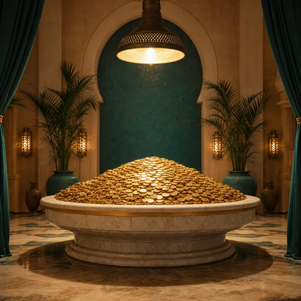Gold coins cascading across silk fabric in warm tones